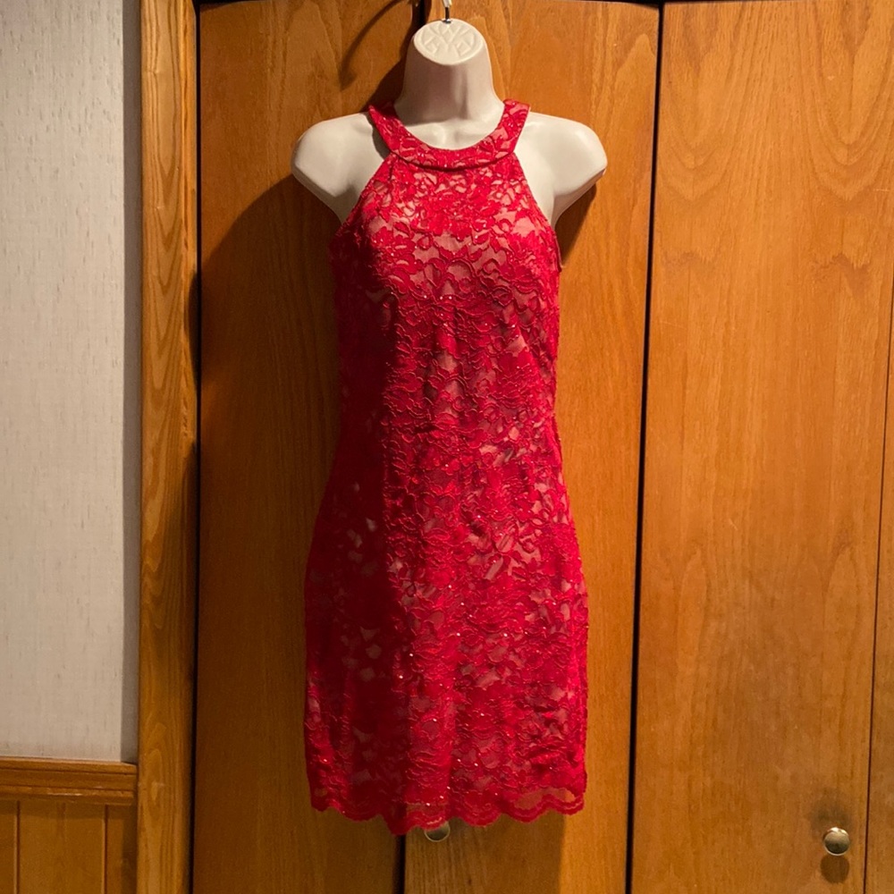 Morgan & Co. Red Holiday Dress. Sparkly Lace, Zip Back.  Sz 5/6.